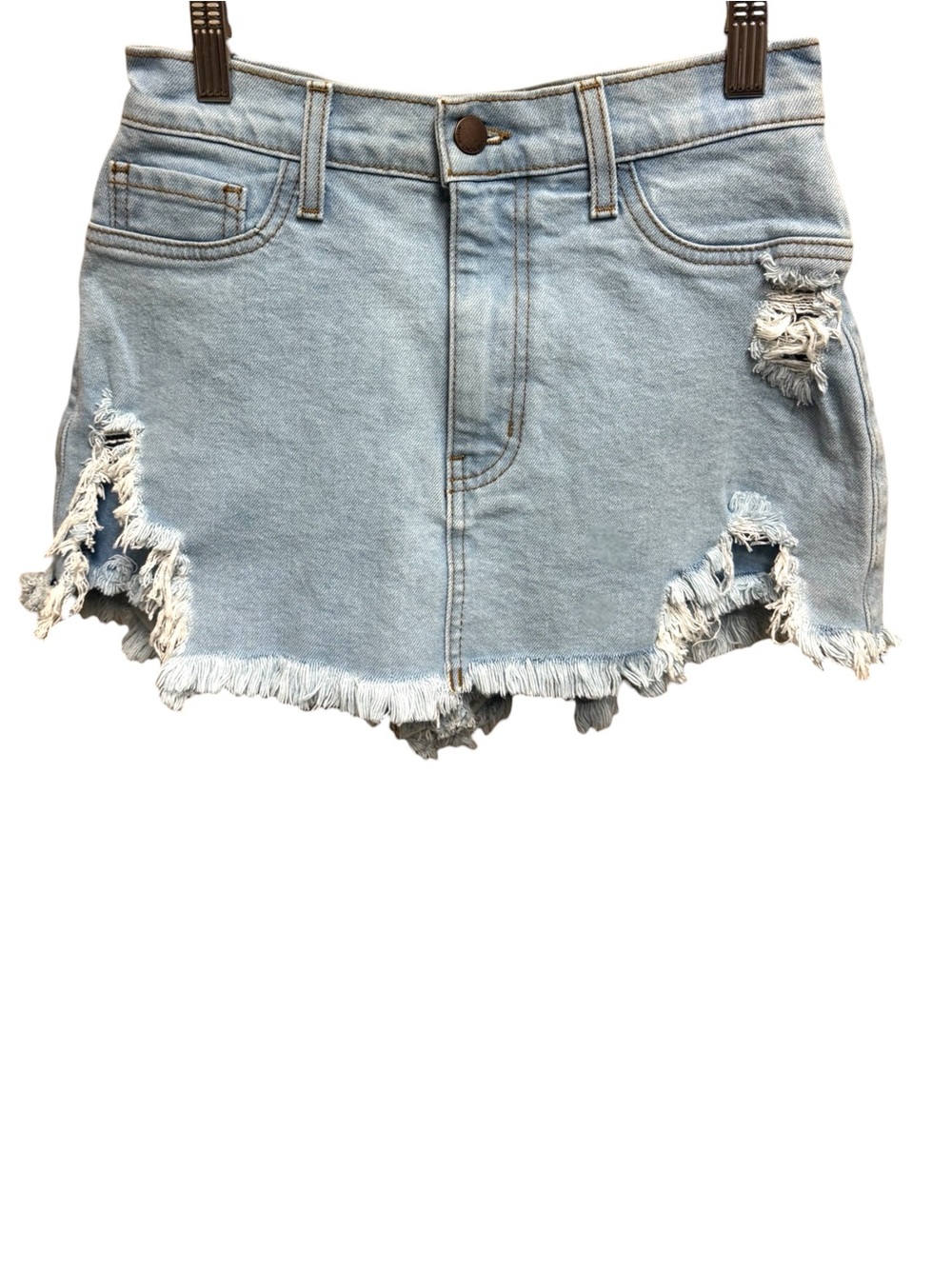 Vibrant M.I.U. Light Stone Distressed Denim Jean Mini Skort Sz S $65
